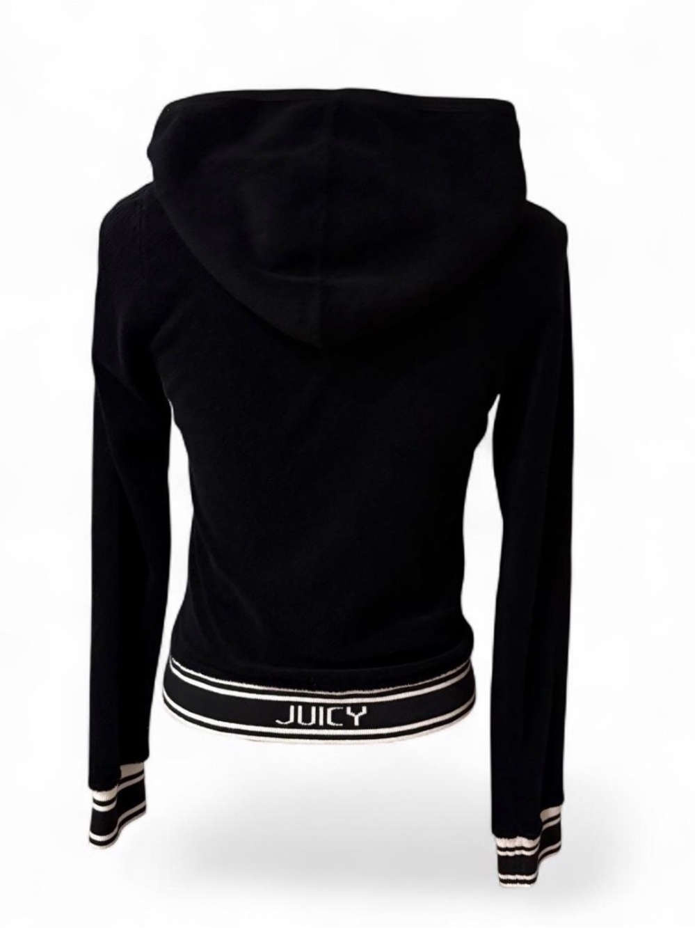 Vtg Y2K Juicy Couture black zip up hoodie with white stripes on cuffs Sz Medium